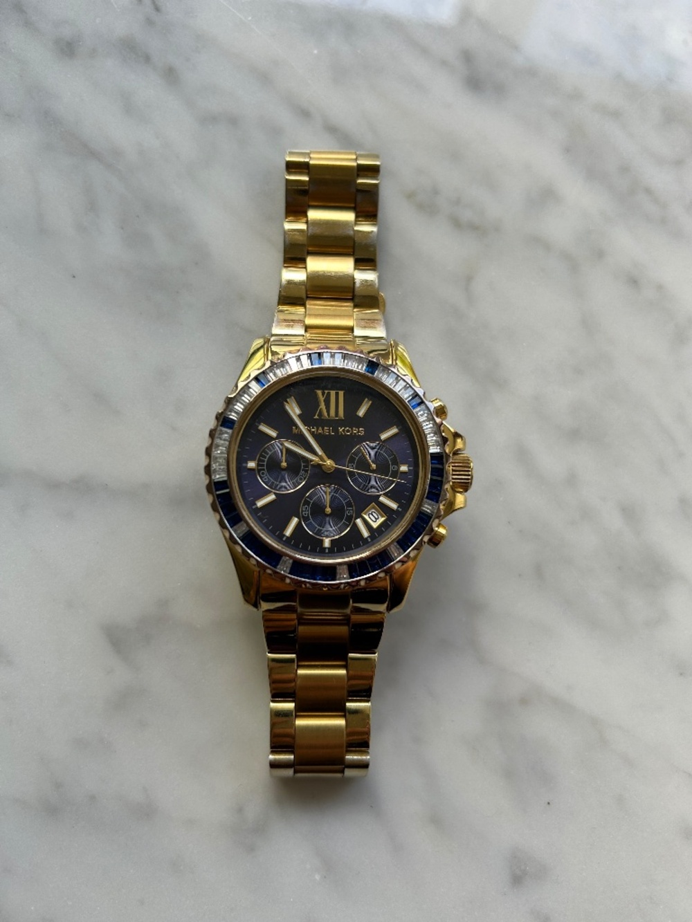 Gold-Tone Chronograph Watch Blue Crystal Bezel